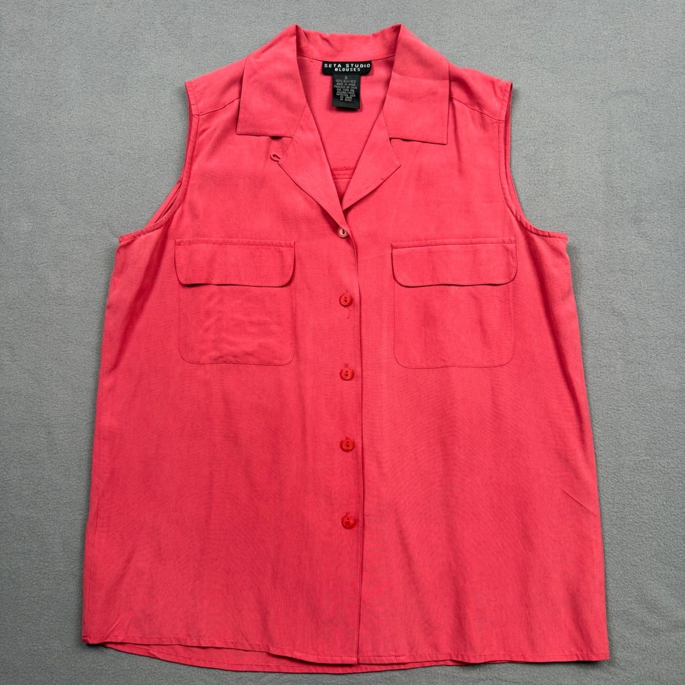 Vintage Seta Studio Blouse 100% Silk Sleeveless Utility Y2K 90s Pink Small